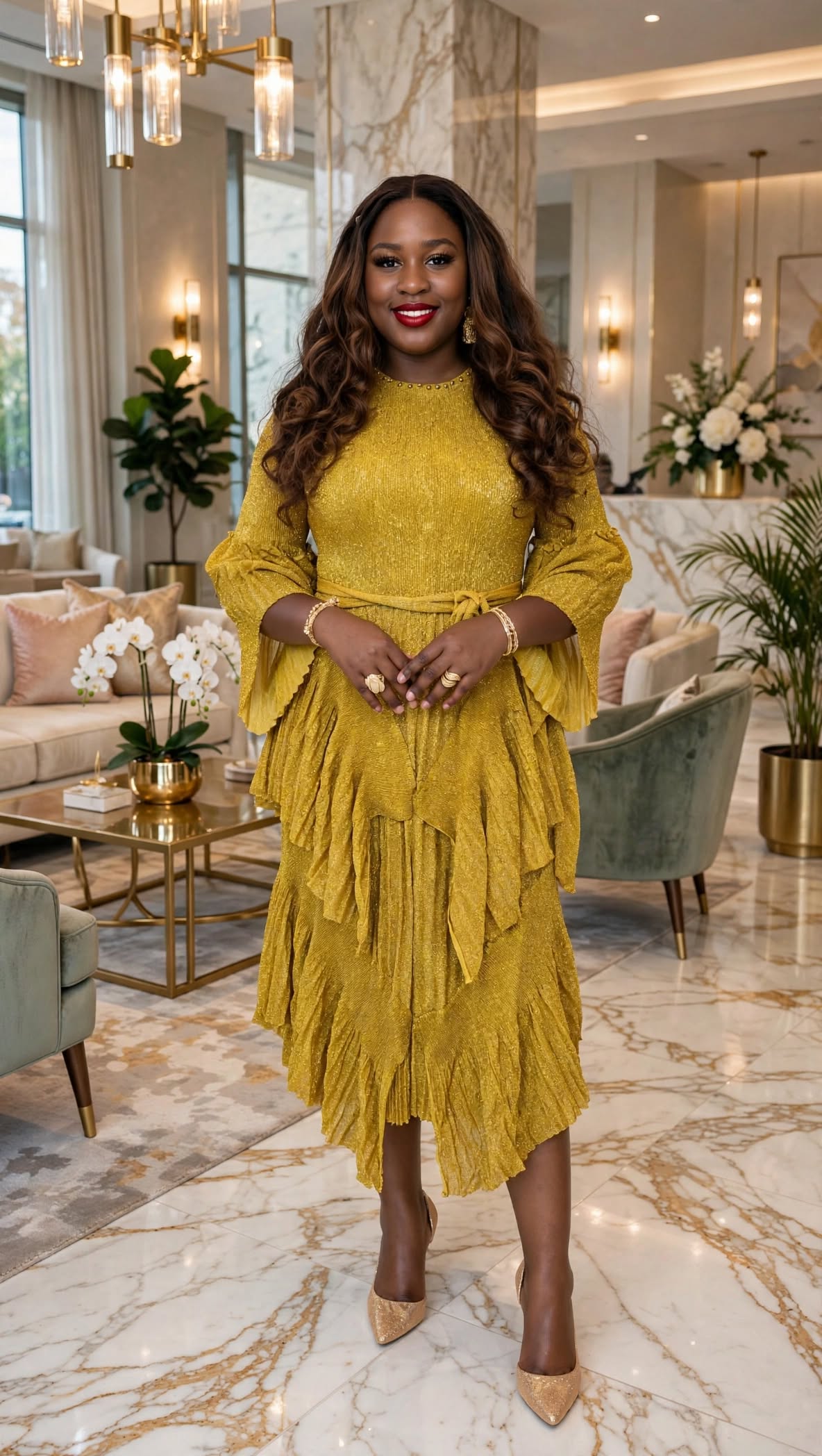 Model wearing a golden mustard midi dress with flowing sleeves and a layered skirt.