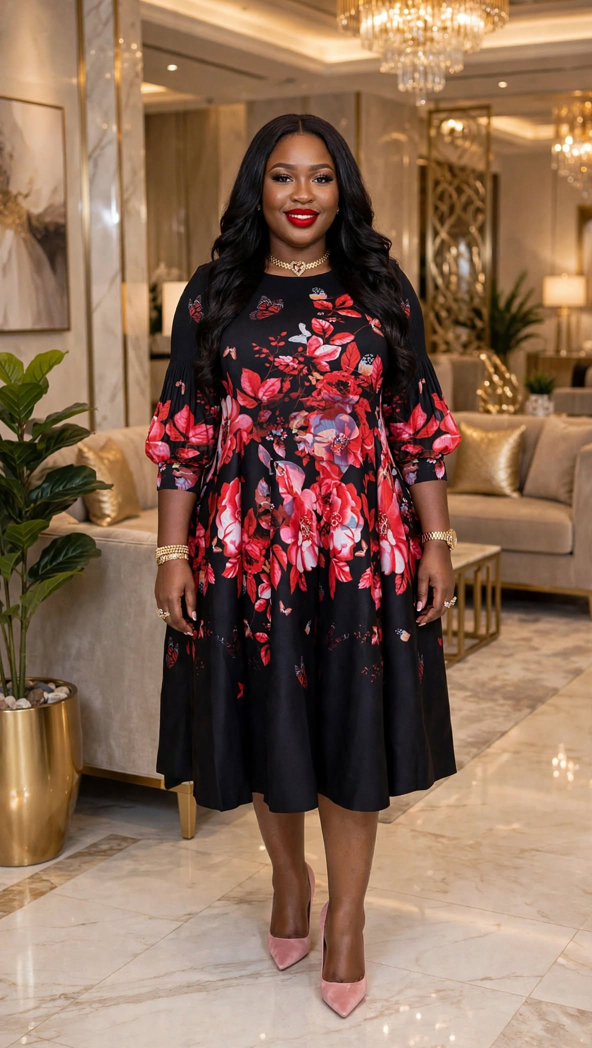 Crimson Petals Floral Midi Dress