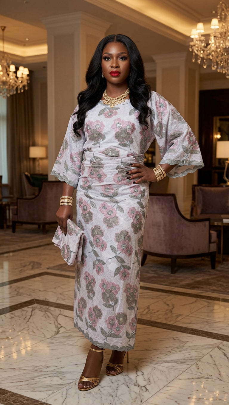 Silver Floral Lace Iro and Buba Set with Scarf