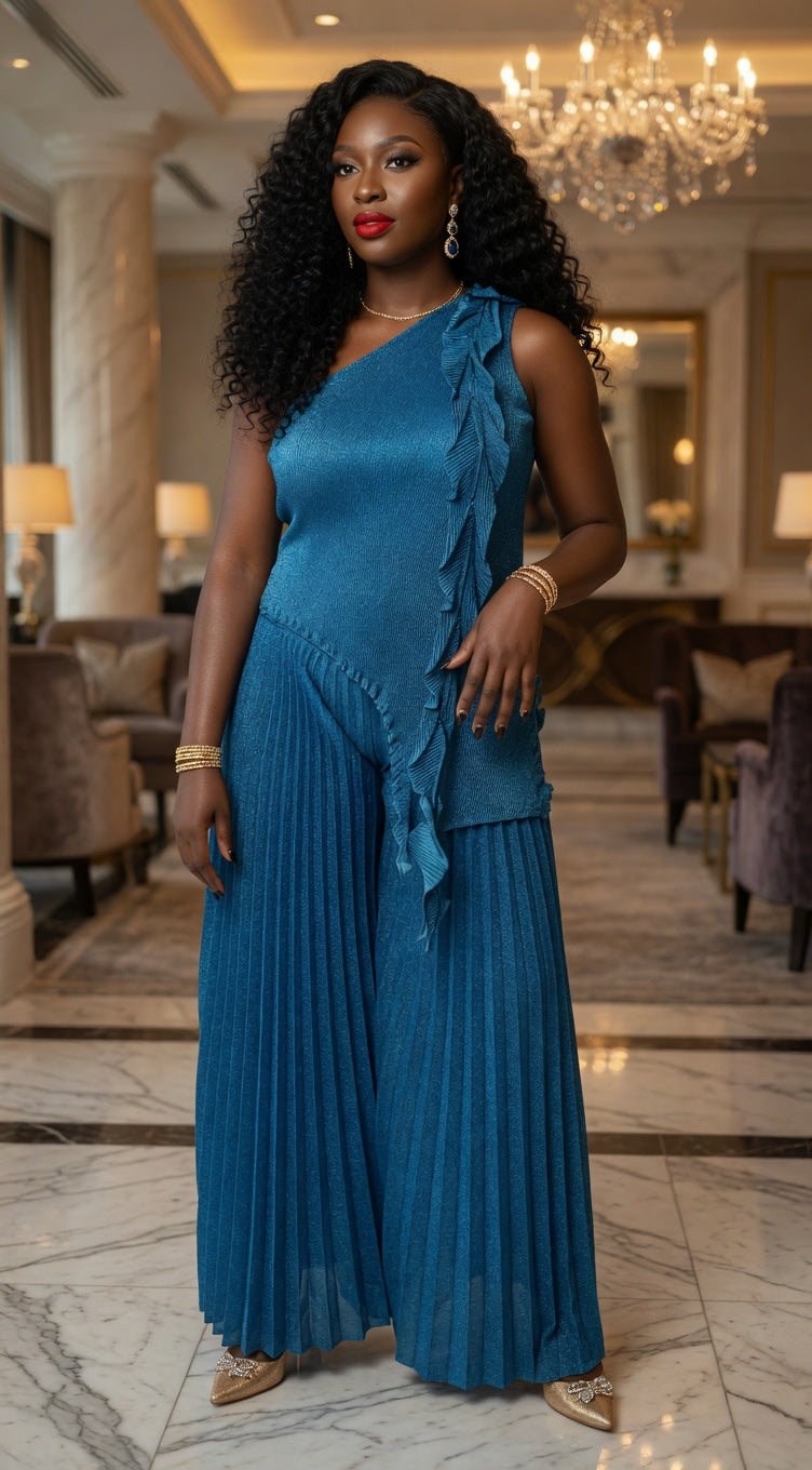Pleated Ruffle One-Shoulder Set