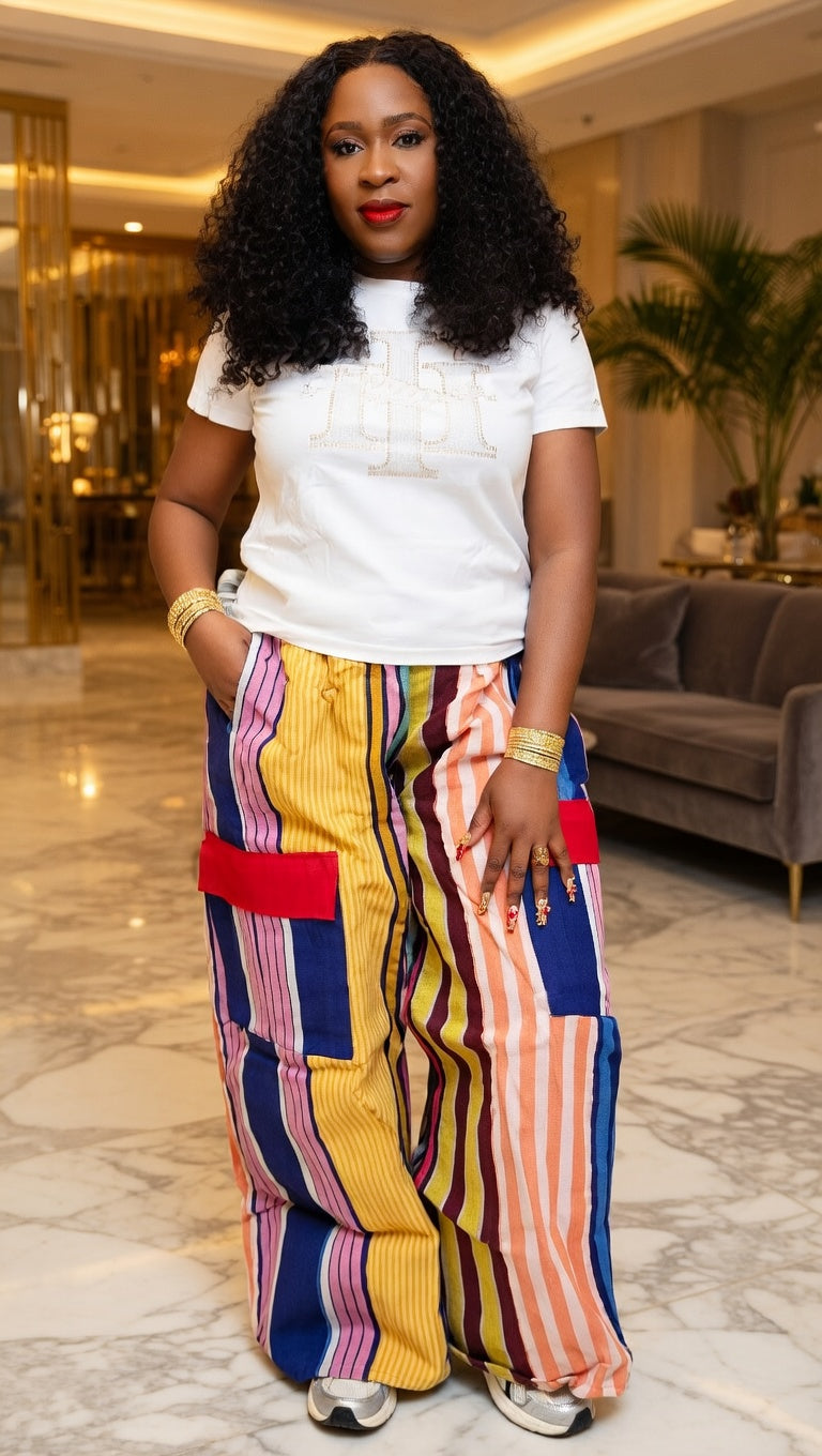 Aso-Oke Patchwork Striped Wide-Leg Cargo Pants