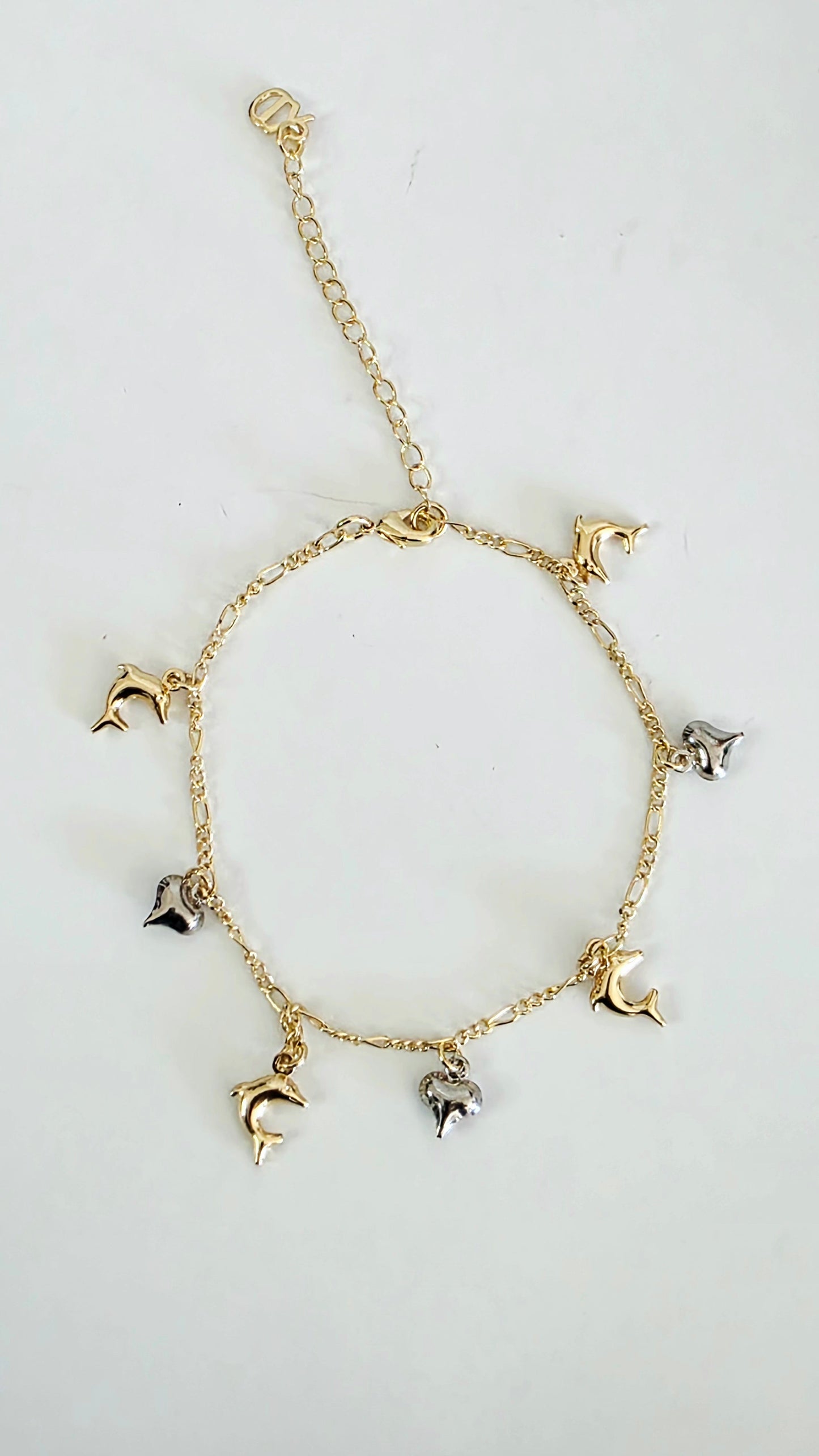Gold Dolphin & Heart Charm Anklet