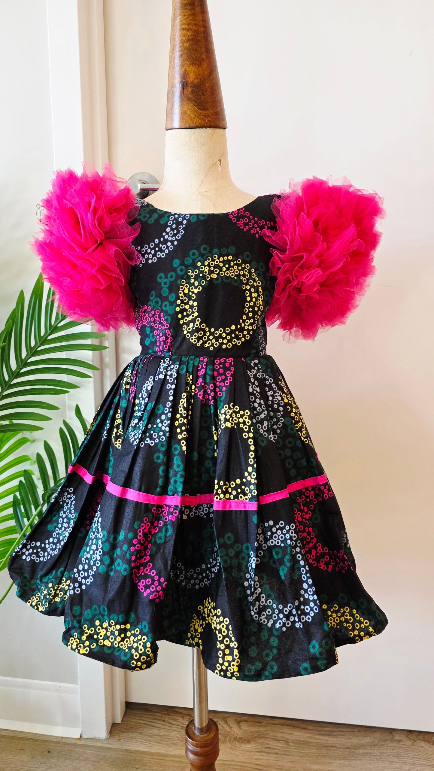 African Sequin Circle Print Girls' Dress with Hot Pink Tulle Puff Sleeves Age 1-2