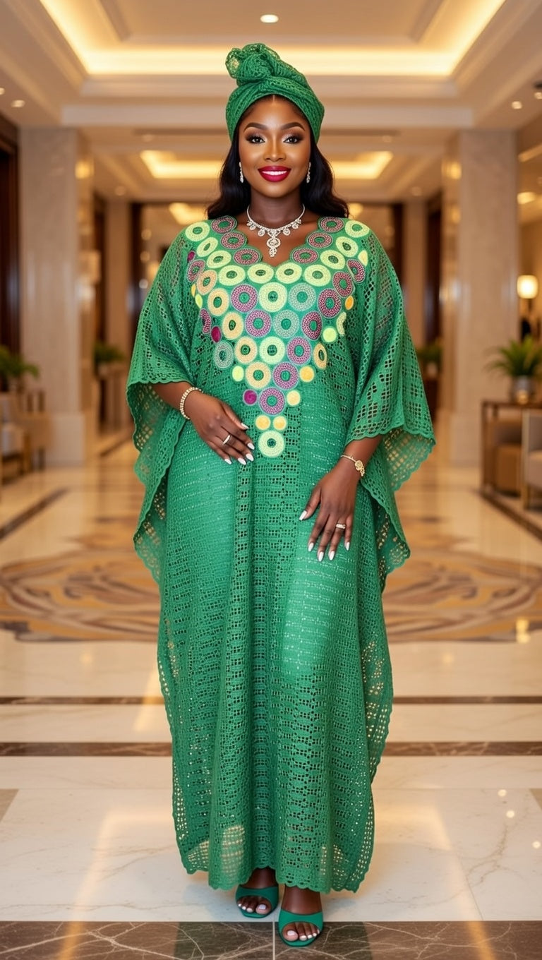Emerald Green Dry Lace Kaftan – Swarovski Stoned Size 14-16