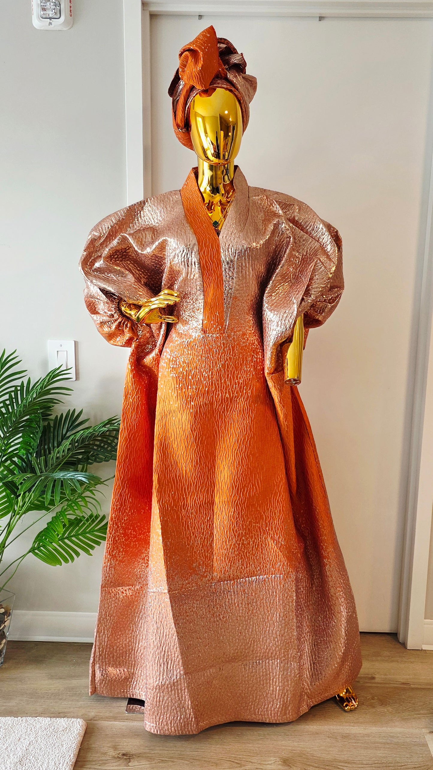 Luxury Orange Brocade Boubou with Gele - Premium African Fashion Ensemble