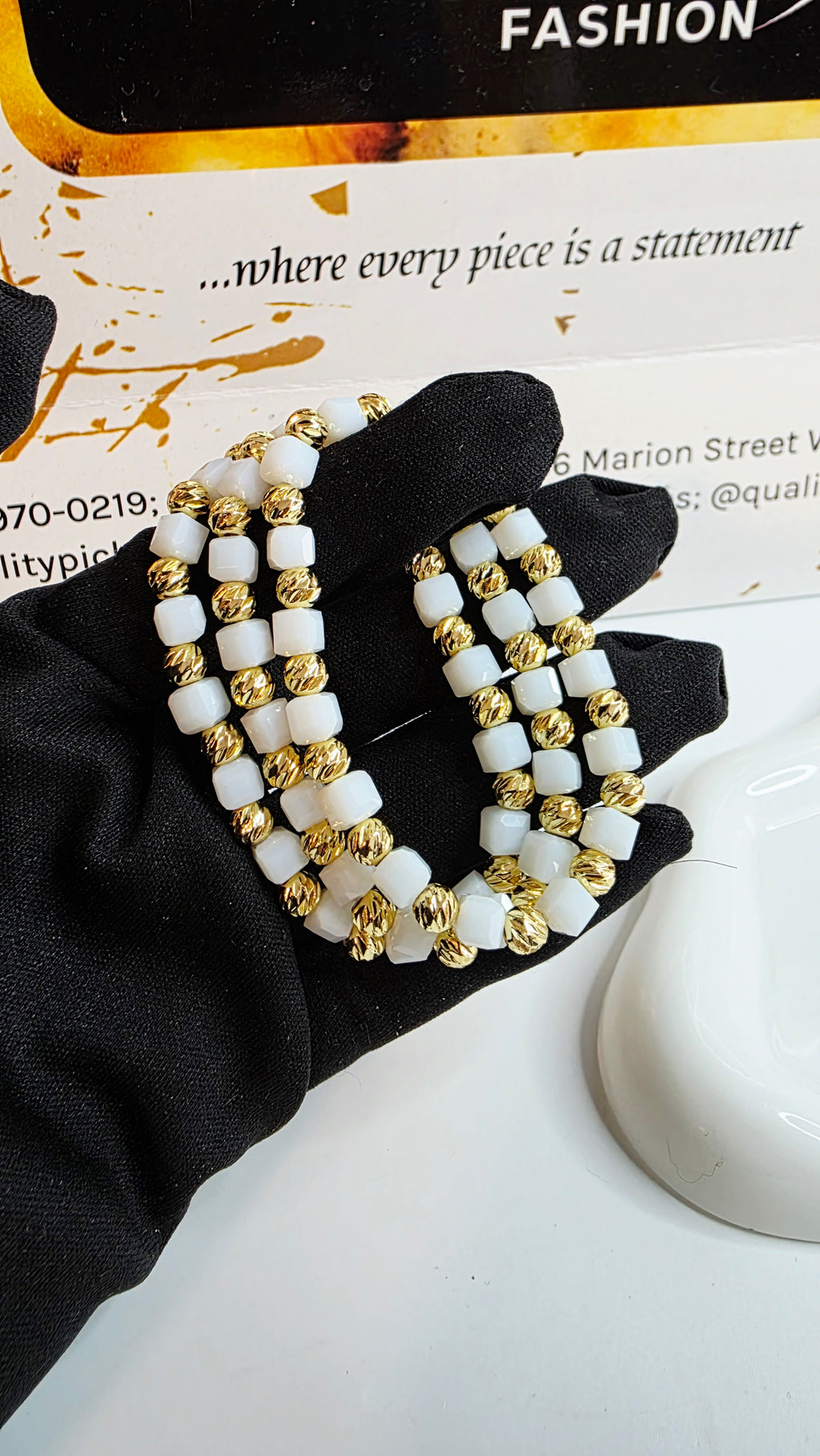 White & Gold Beaded Bracelet Set