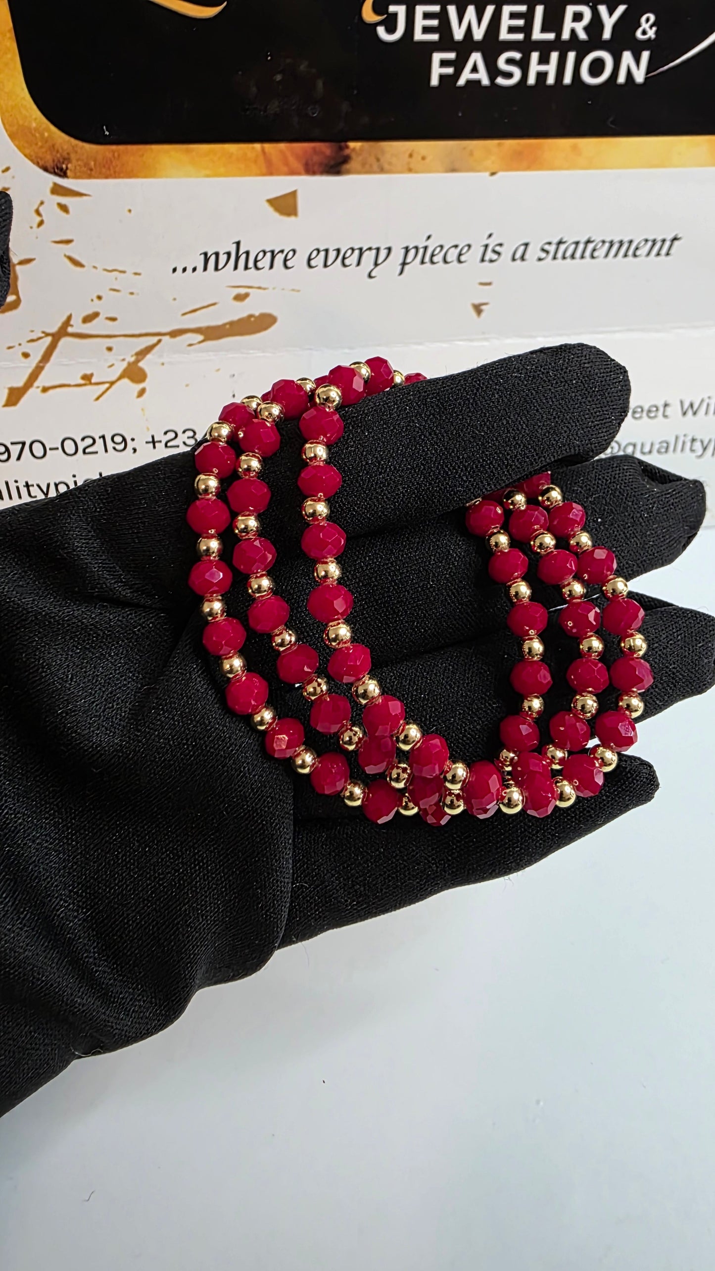 Crimson Red & Gold Beaded Bracelet Set