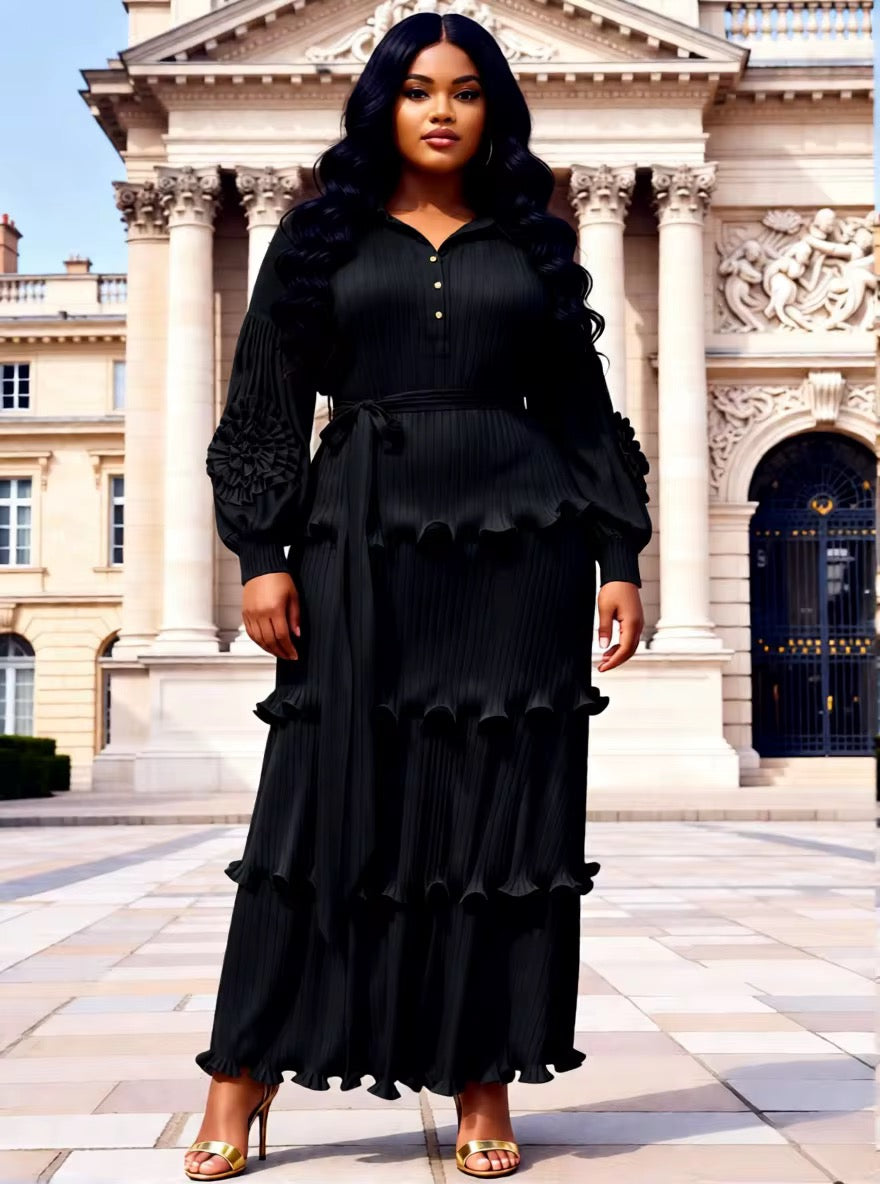 Black Pleated Ruffle Midi Dress Set