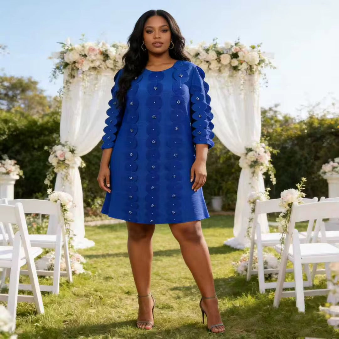 Royal Blue Scallop Circle Embellished Mini Bouncy Miyaki Dress Perfect Fits for 10-14
