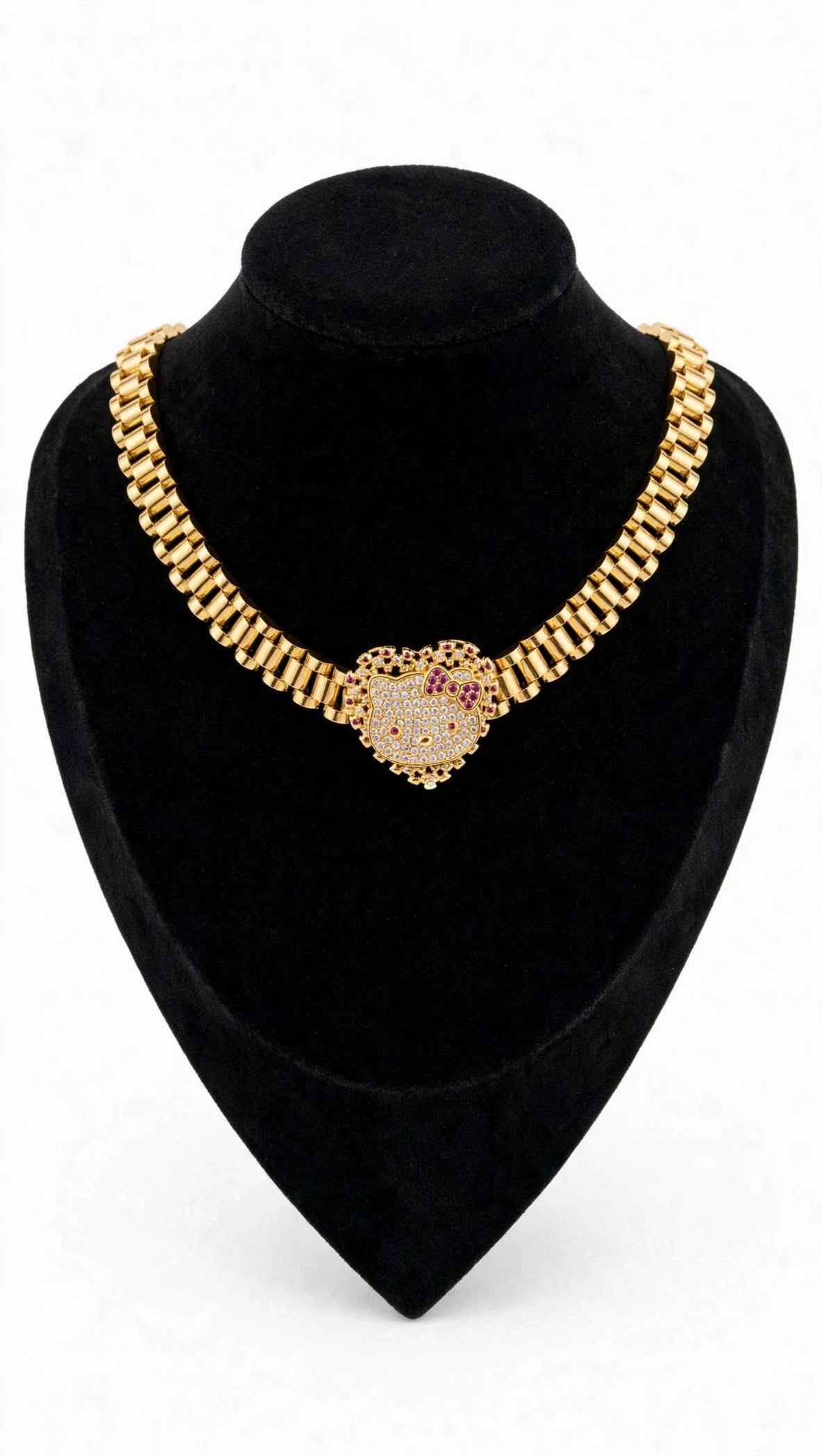 18karat Gold Plated Stainless Steel  Link Chain Cute Cartoon Bow Pendant Statement Necklace - 16inches and 18inches