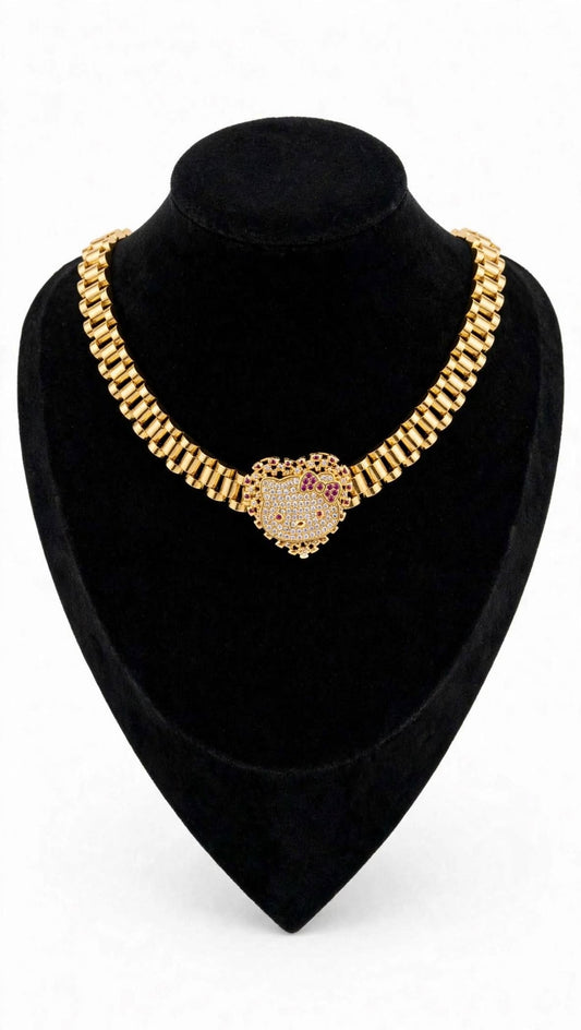 18karat Gold Plated Stainless Steel  Link Chain Cute Cartoon Bow Pendant Statement Necklace - 16inches and 18inches