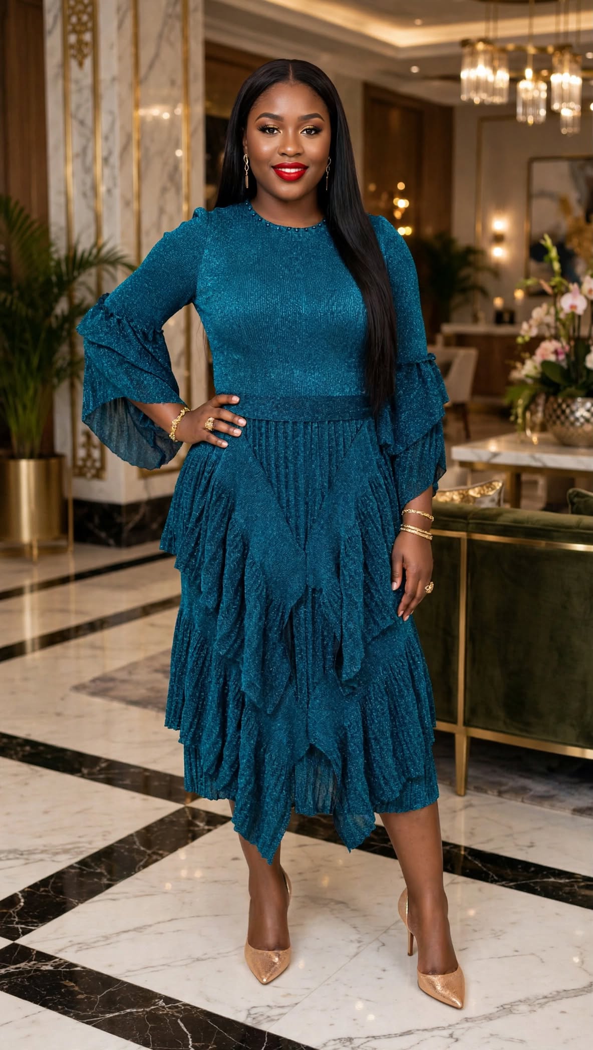 Model wearing a deep teal midi dress with flared sleeves and a layered skirt.