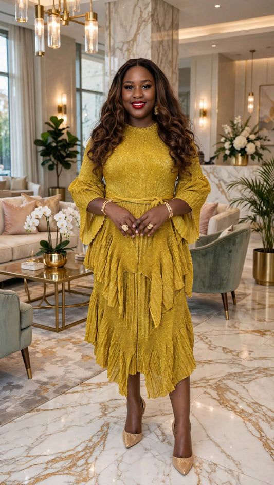 Model wearing a golden mustard midi dress with flowing sleeves and a layered skirt.