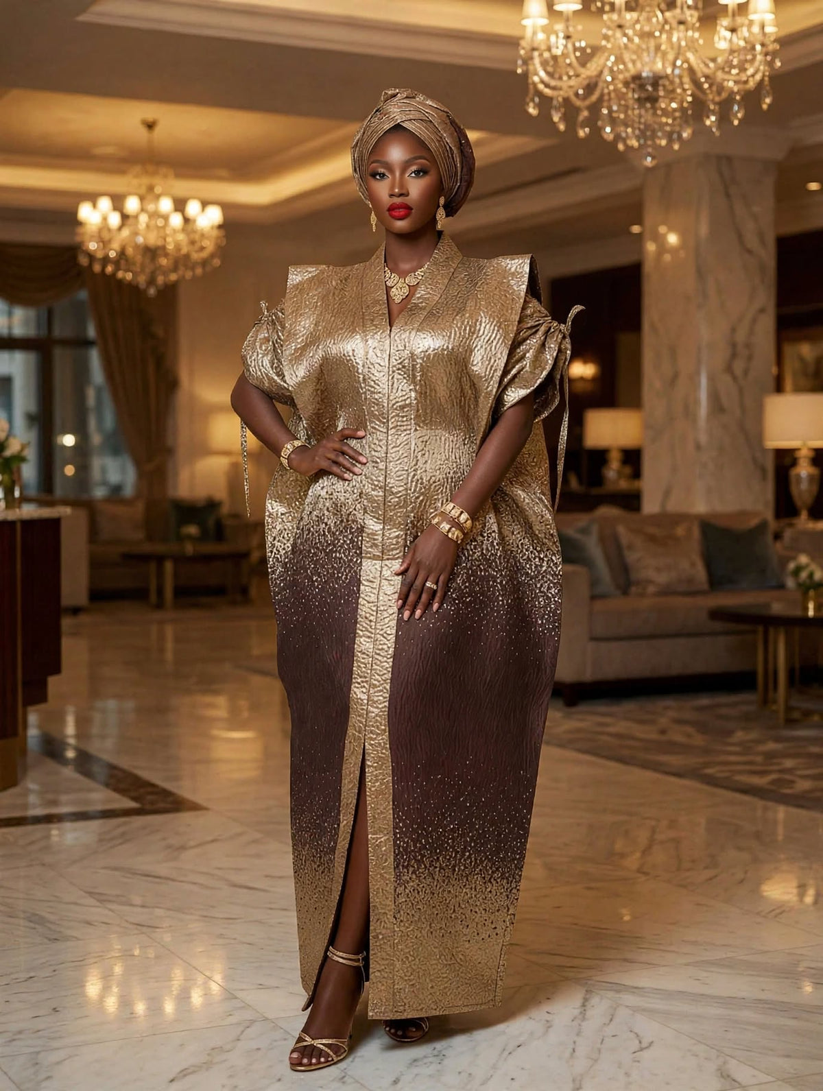 Golden Majesty Gold & Chocolate Maxi Dress with Matching Headwrap Not Styled