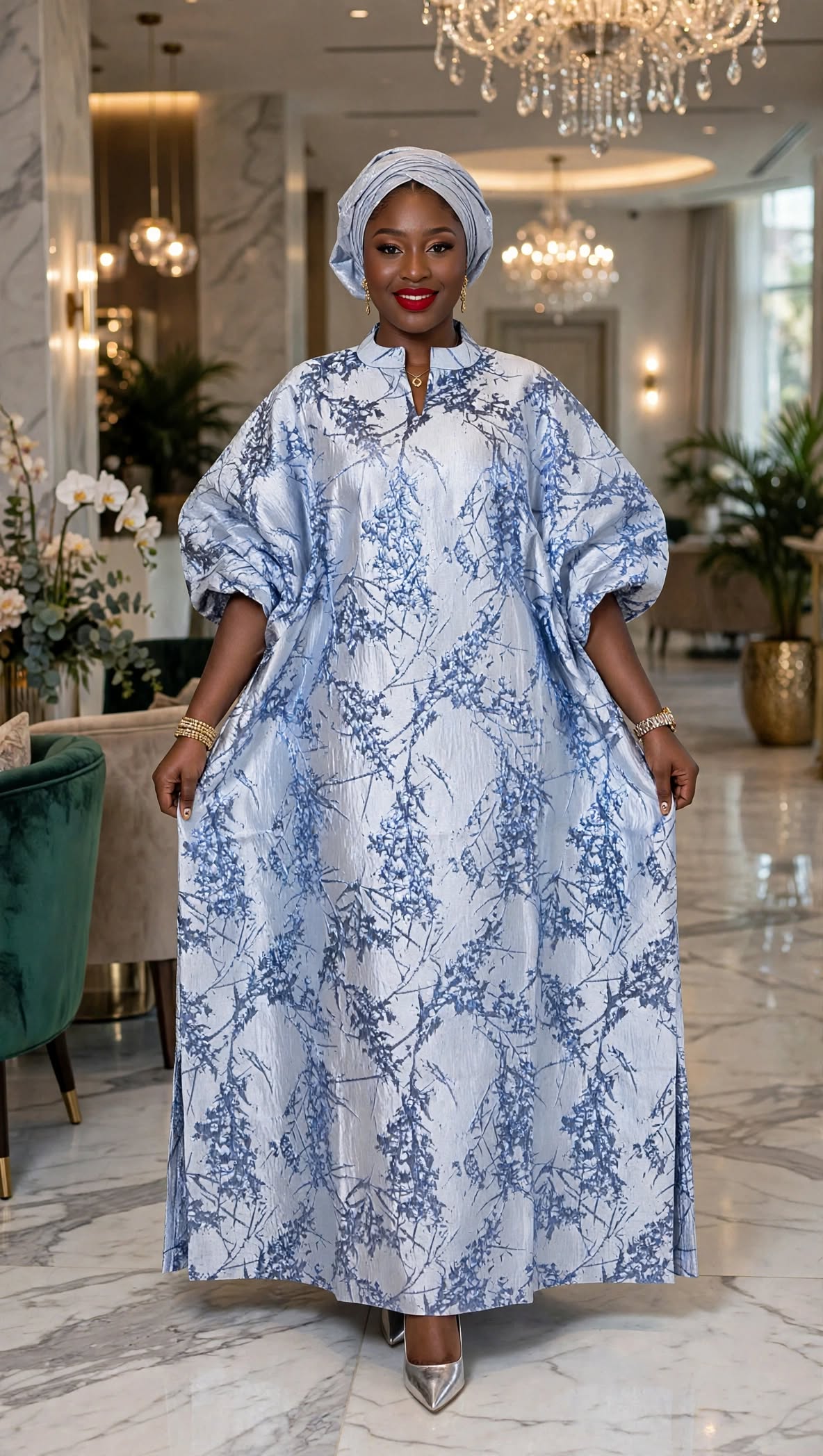 Sky Blue Azure Botanical Brocade Boubou Dress