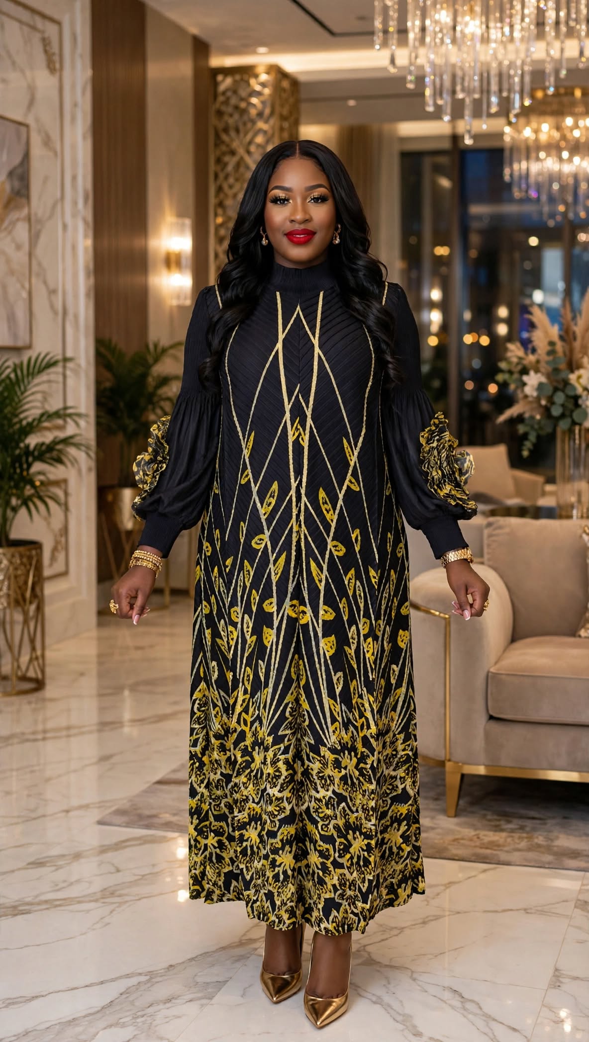 Golden Vines Statement-Sleeve Maxi Dress