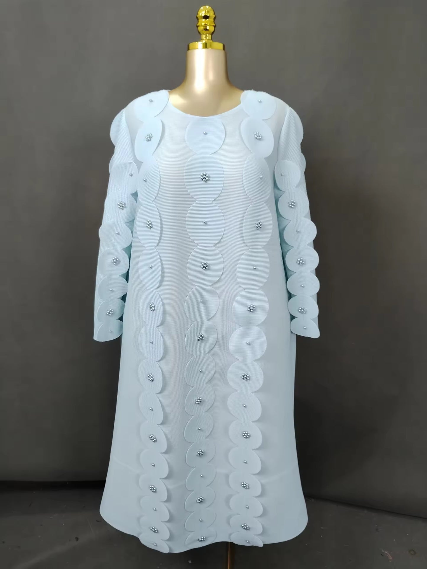 Baby Blue Miyaki Bouncy Scallop Circle Embellished Bouncy Miyaki Dress Perfect Fits Size 10-14