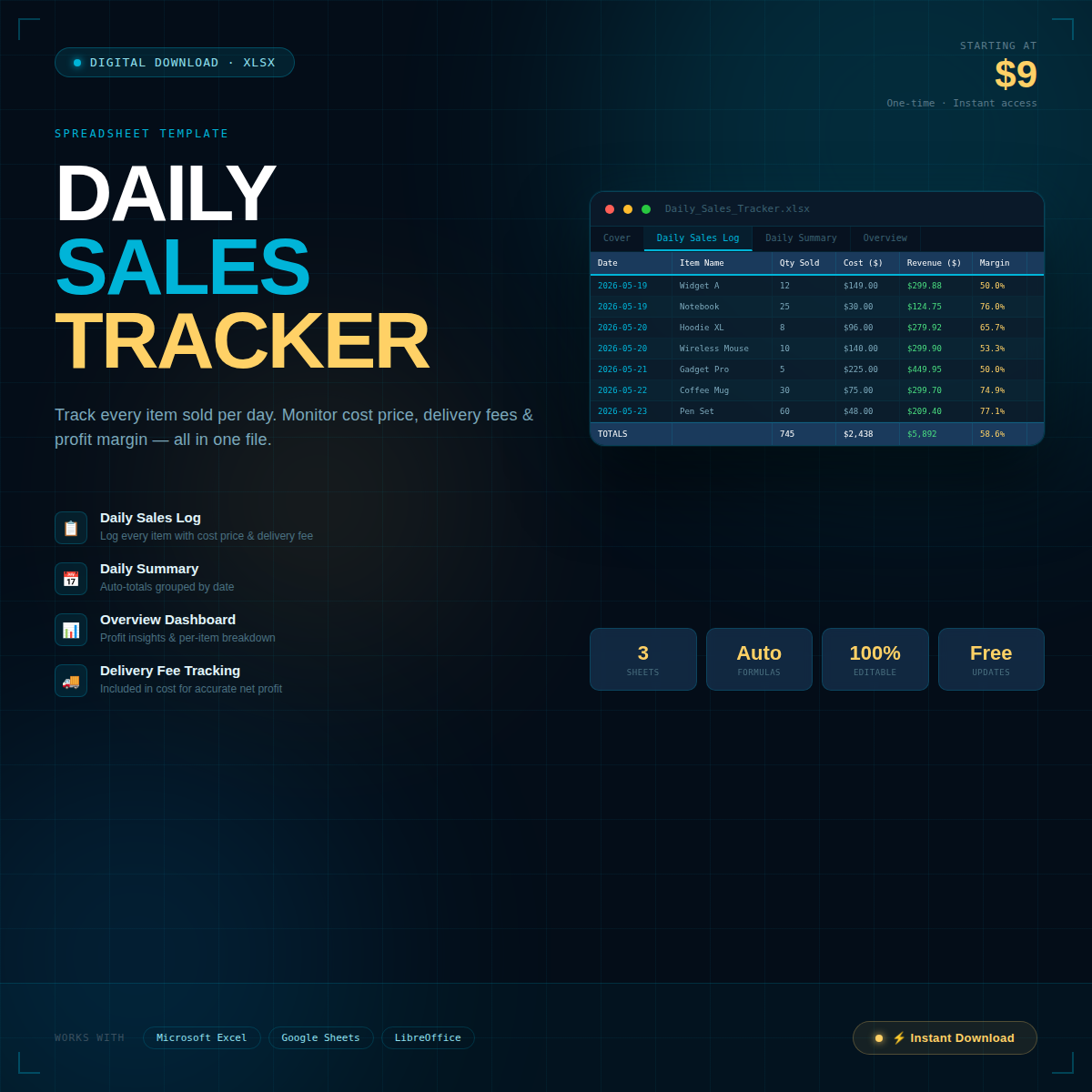 Digital product - Daily Sales Tracker — Excel Spreadsheet Template