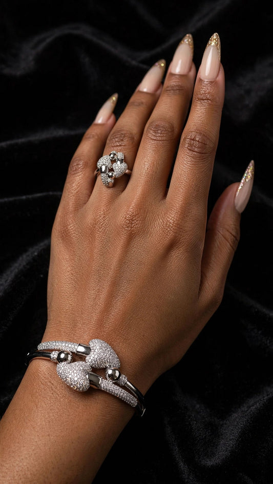 Crystal Pavé Silver Cuff Bangle & Ring Set