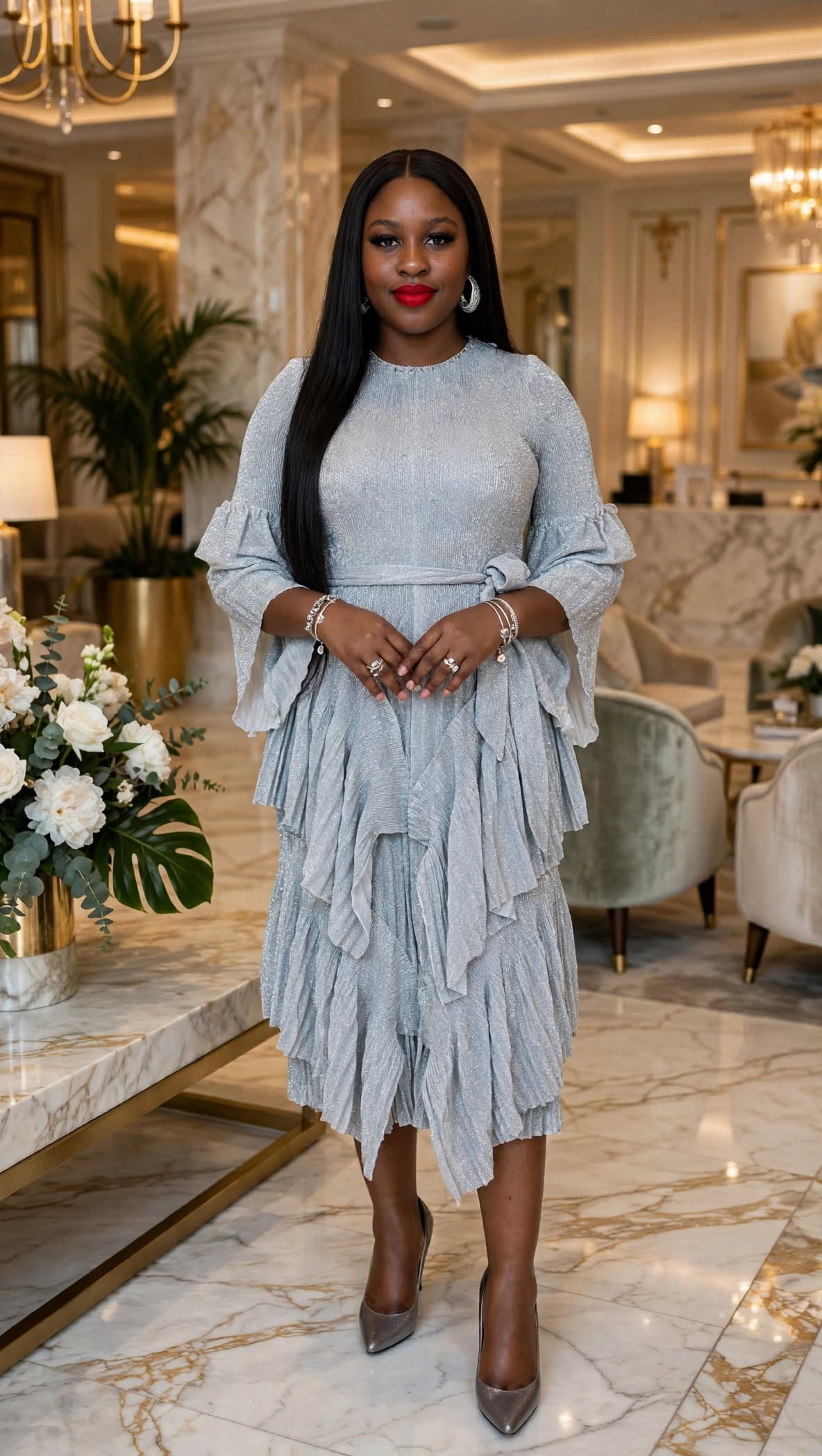 Model wearing a silver-grey midi dress with flowing sleeves and a layered skirt.