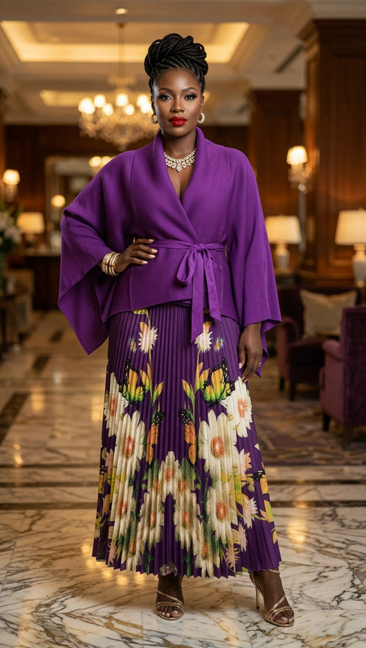 Royal Bloom Purple Wrap Top & Pleated Skirt Set