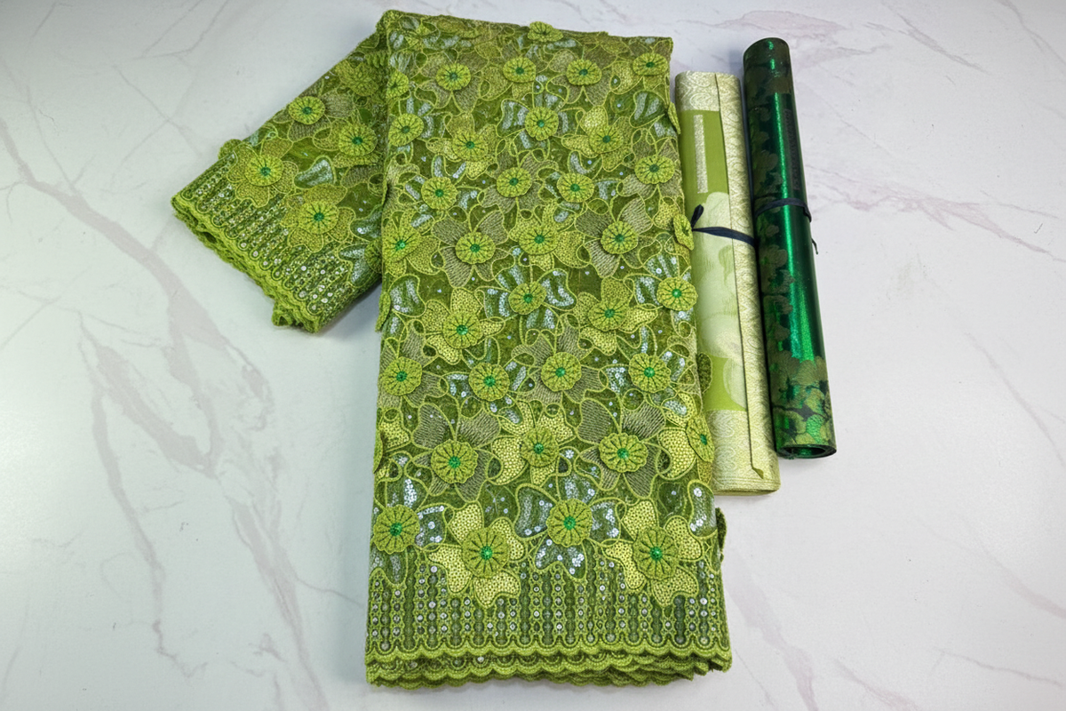 Luxury Lime Green African French Tulle Lace with 3D Floral Sequin Embellishments – 5 Yards