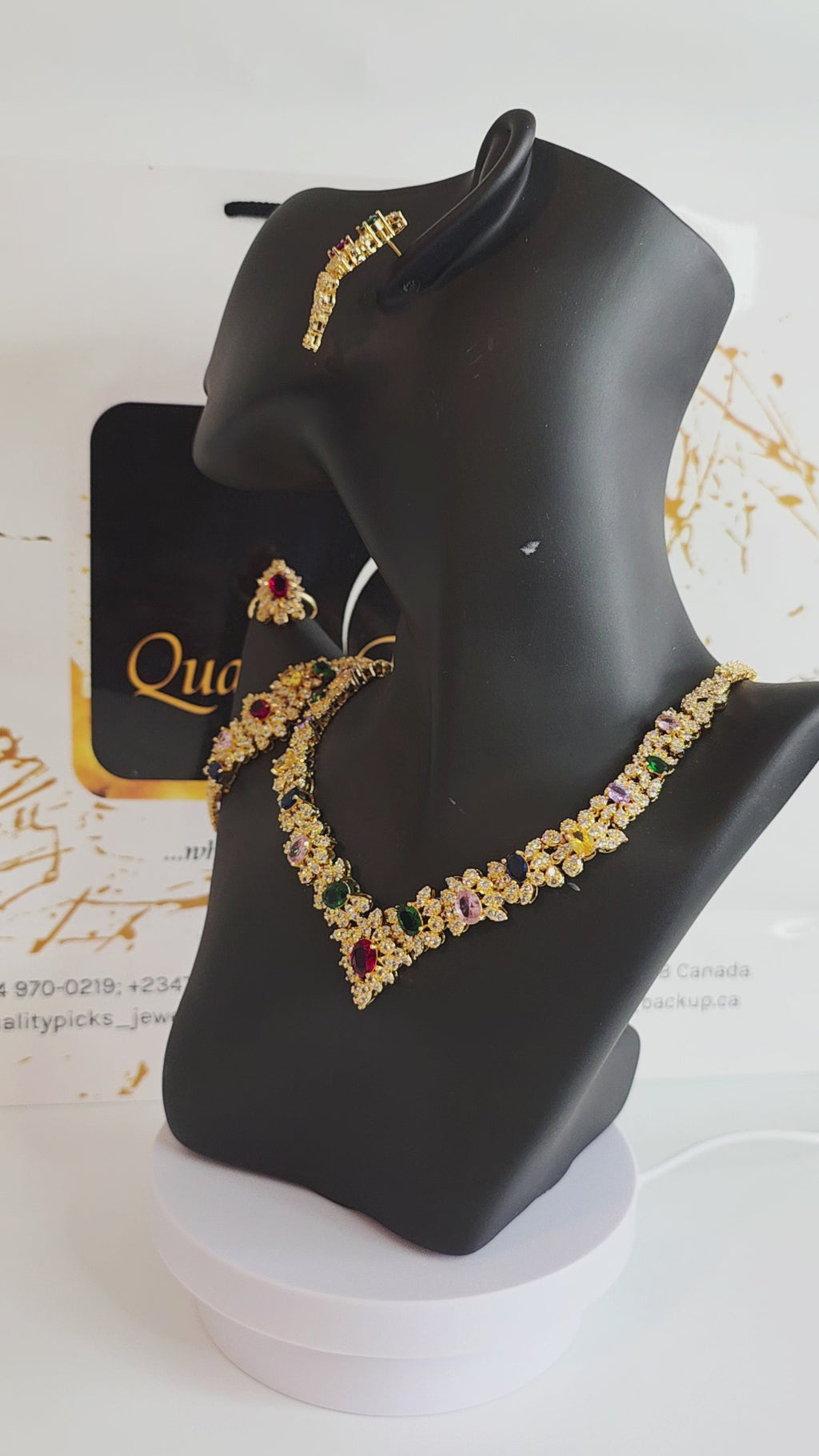 Multicolour CZ Floral Leaf 4pcs Jewelry Set – Necklace, Bracelet & Earrings
