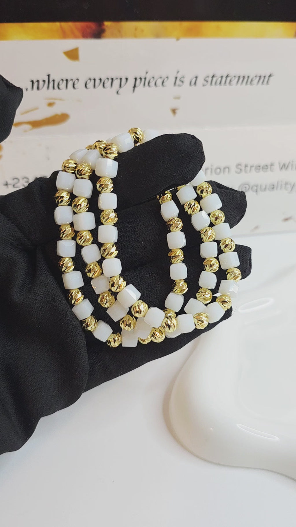 White & Gold Beaded Bracelet Set
