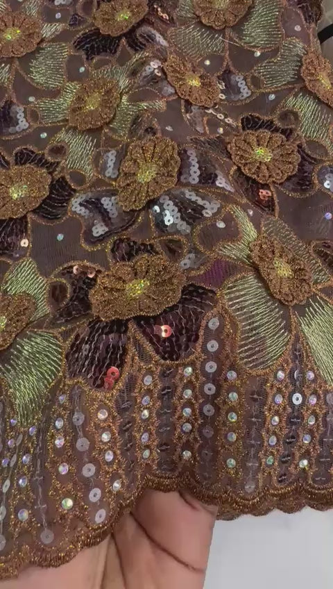 Luxury Brown Sequin Lace Fabric – 5 Yards