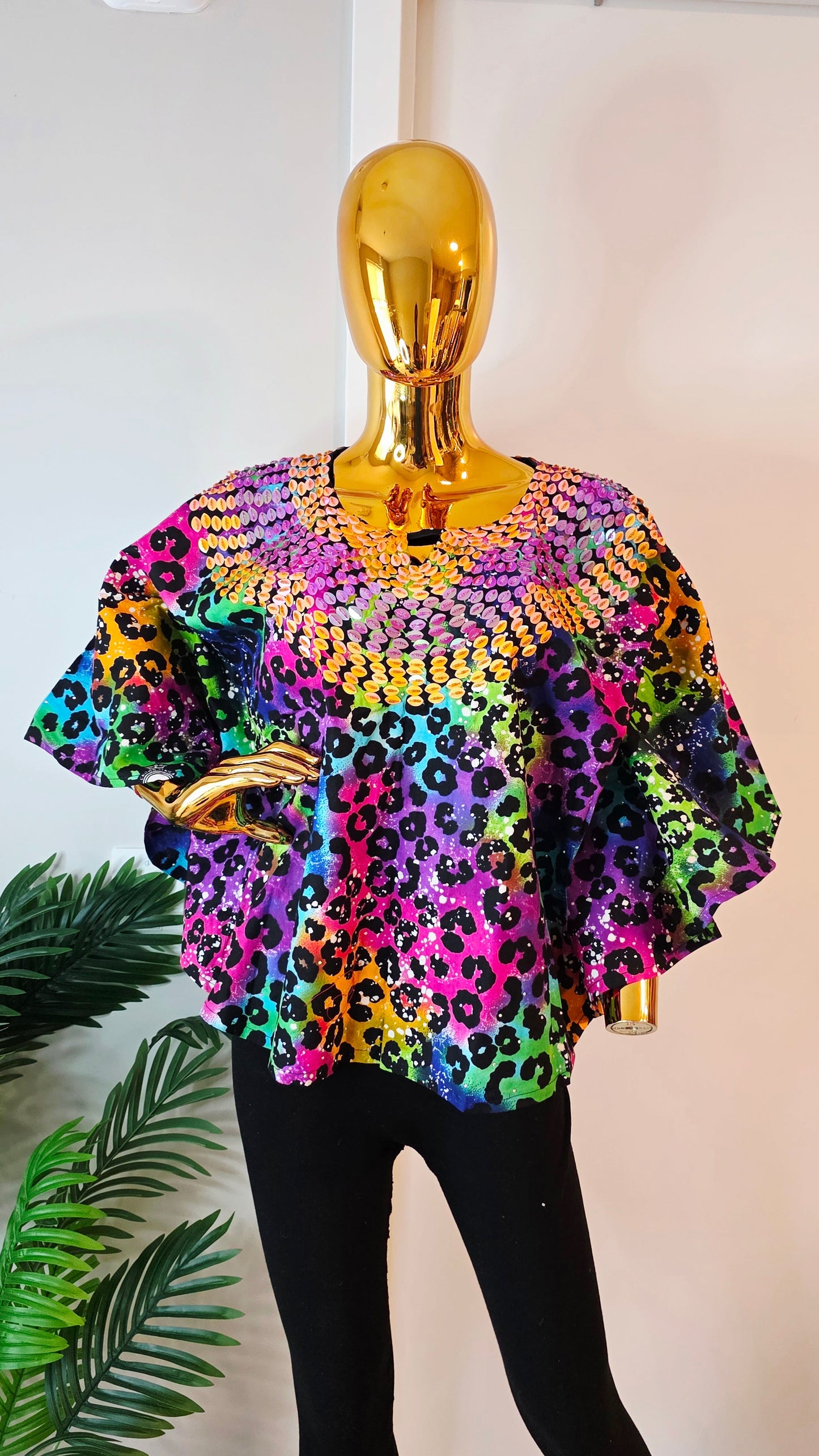 African Print Sequin Yoke Batwing Top