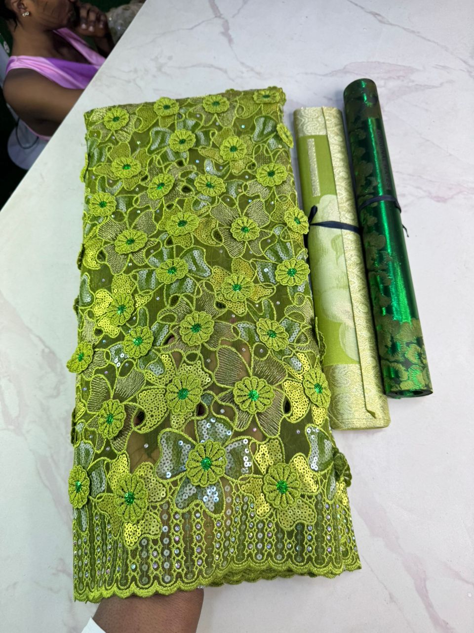 Luxury Lime Green African French Tulle Lace with 3D Floral Sequin Embellishments – 5 Yards