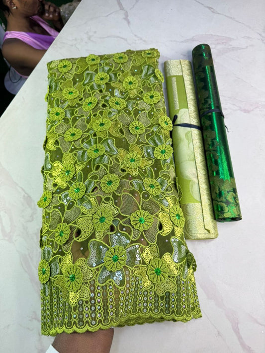 Luxury Lime Green African French Tulle Lace with 3D Floral Sequin Embellishments – 5 Yards