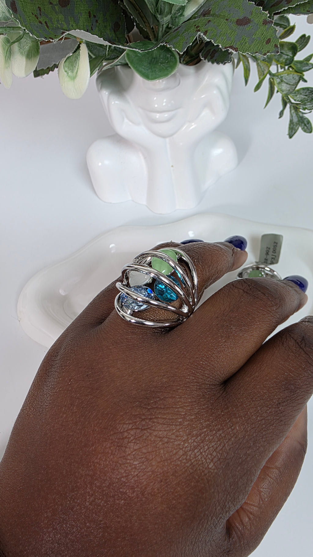 Silver-Tone Multi-Stone Cocktail Ring – Blue Topaz, Aquamarine & Mint Green