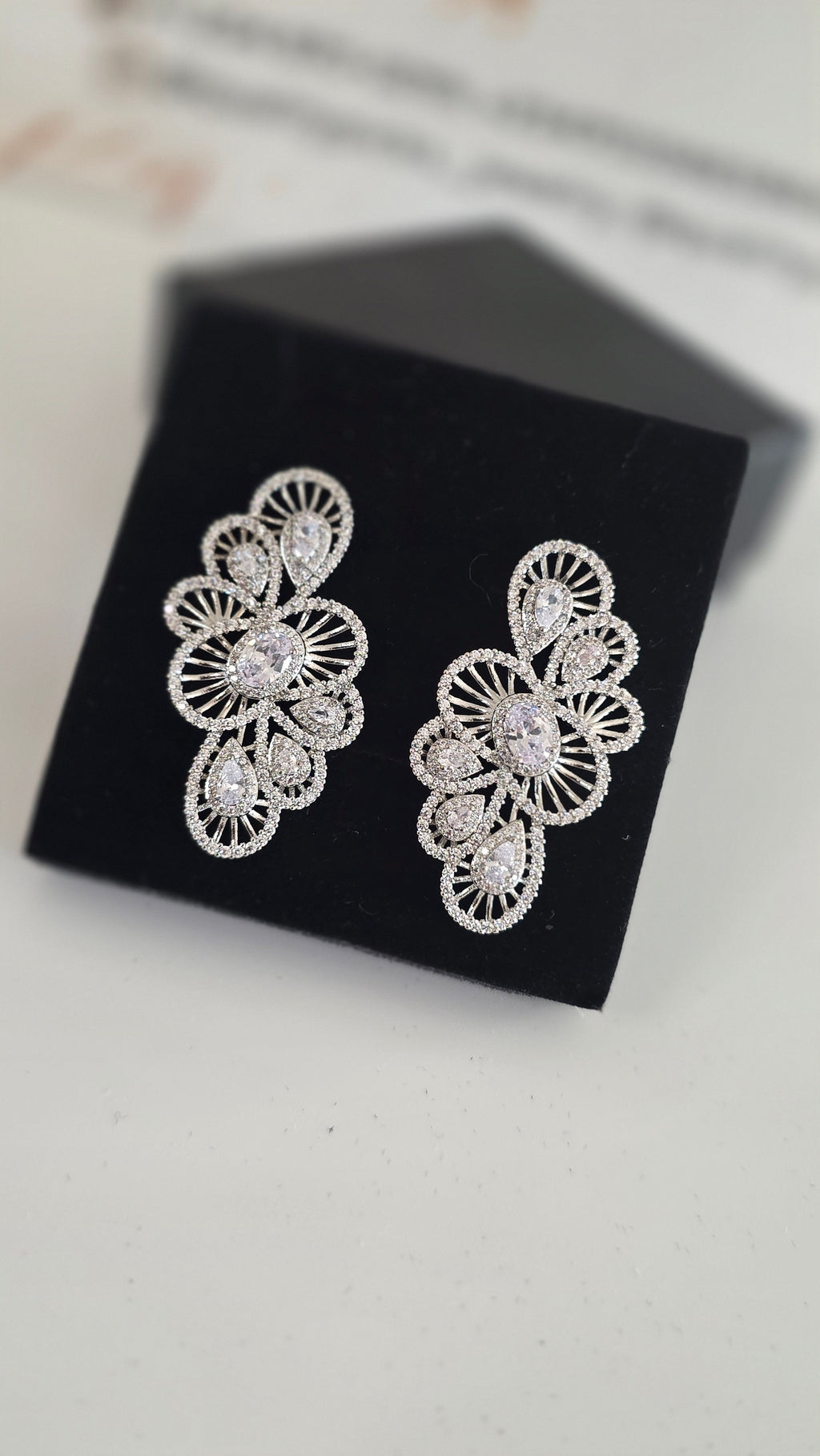 Luxury Crystal Floral Statement Earrings - Silver