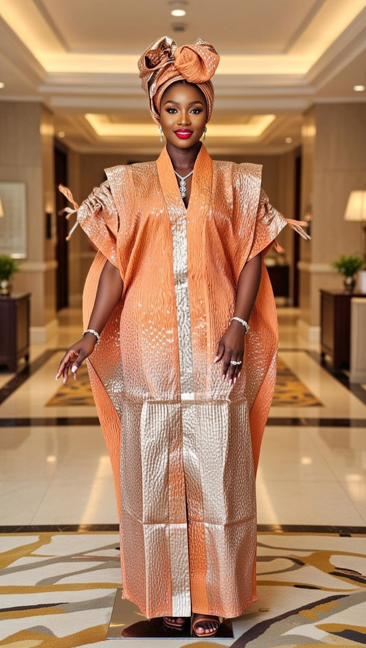 Luxury Orange Brocade Boubou with Gele - Premium African Fashion Ensemble