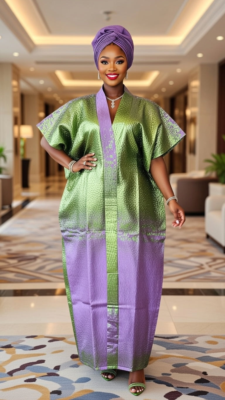 Luxury Green & Purple Brocade Dress with Gele Headwrap