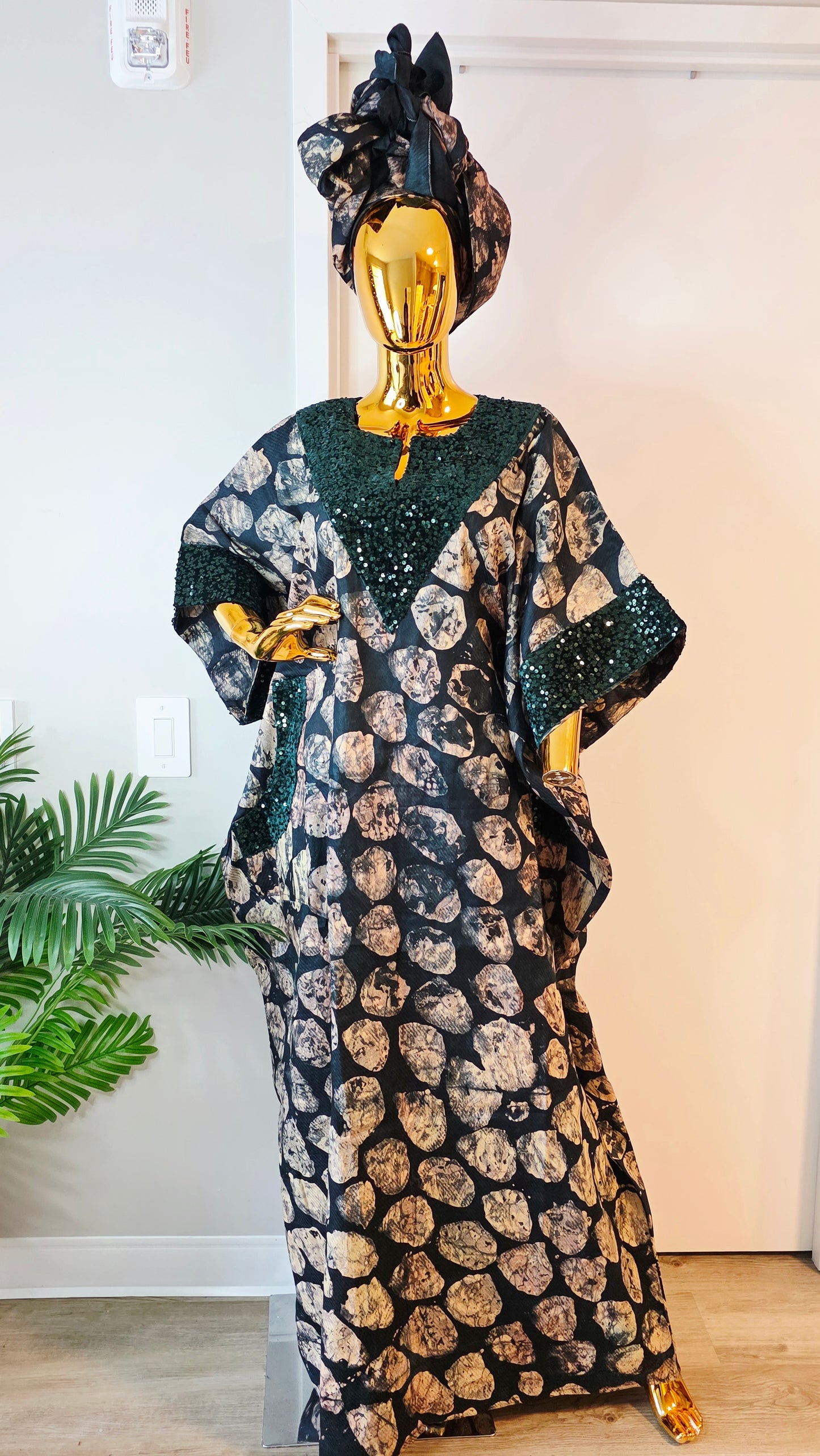 Elegant Cotton Adire Dress with Sequins - Green Floral Kaftan Gown