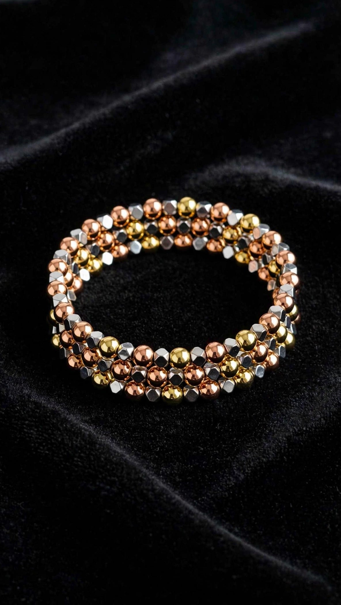 Tri-Tone Metal Bead Bracelet Stack – Gold, Rose Gold & Silver | Set of 3