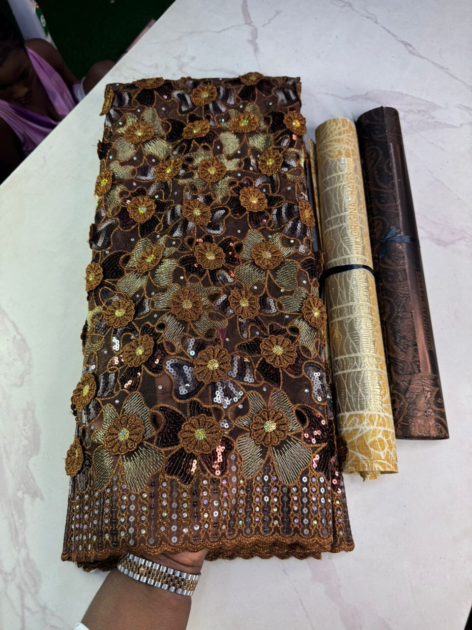 Luxury Brown Sequin Lace Fabric – 5 Yards