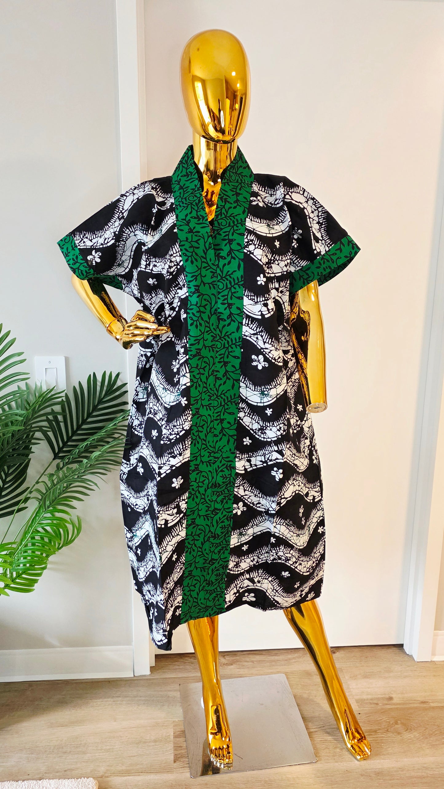 African Print Kaftan Dress – Black, White & Green