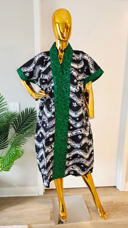 African Print Kaftan Dress – Black, White & Green