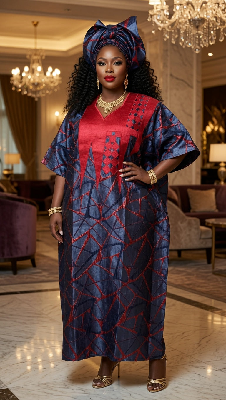 Navy & Red Brocade Boubou Set with Gele