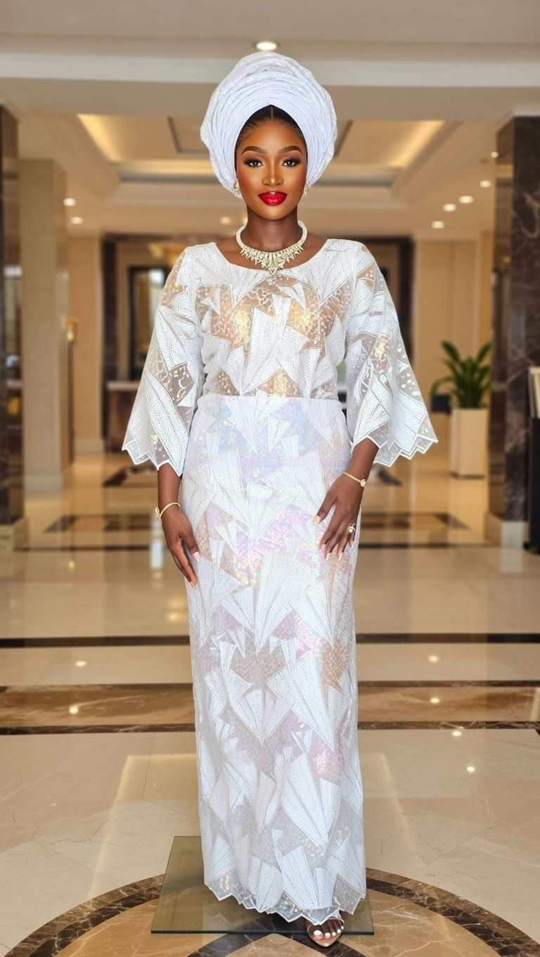 White Net Lace Iro and Buba Set with White Sequin Accents