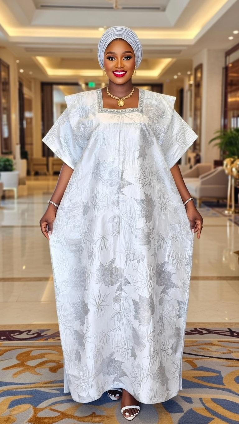 Elegant White African Lace Dress with Gele Headwrap