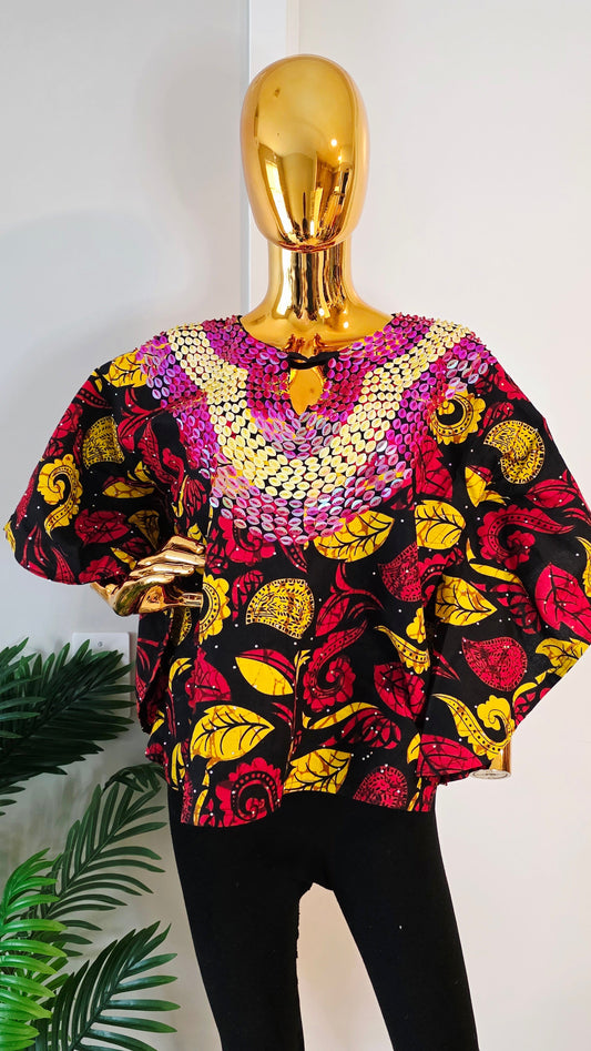 African Print Sequin Yoke Batwing Top