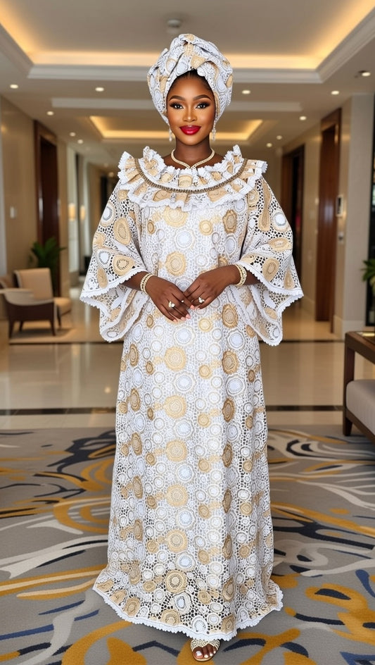 Luxury White & Gold African Lace   Boubou