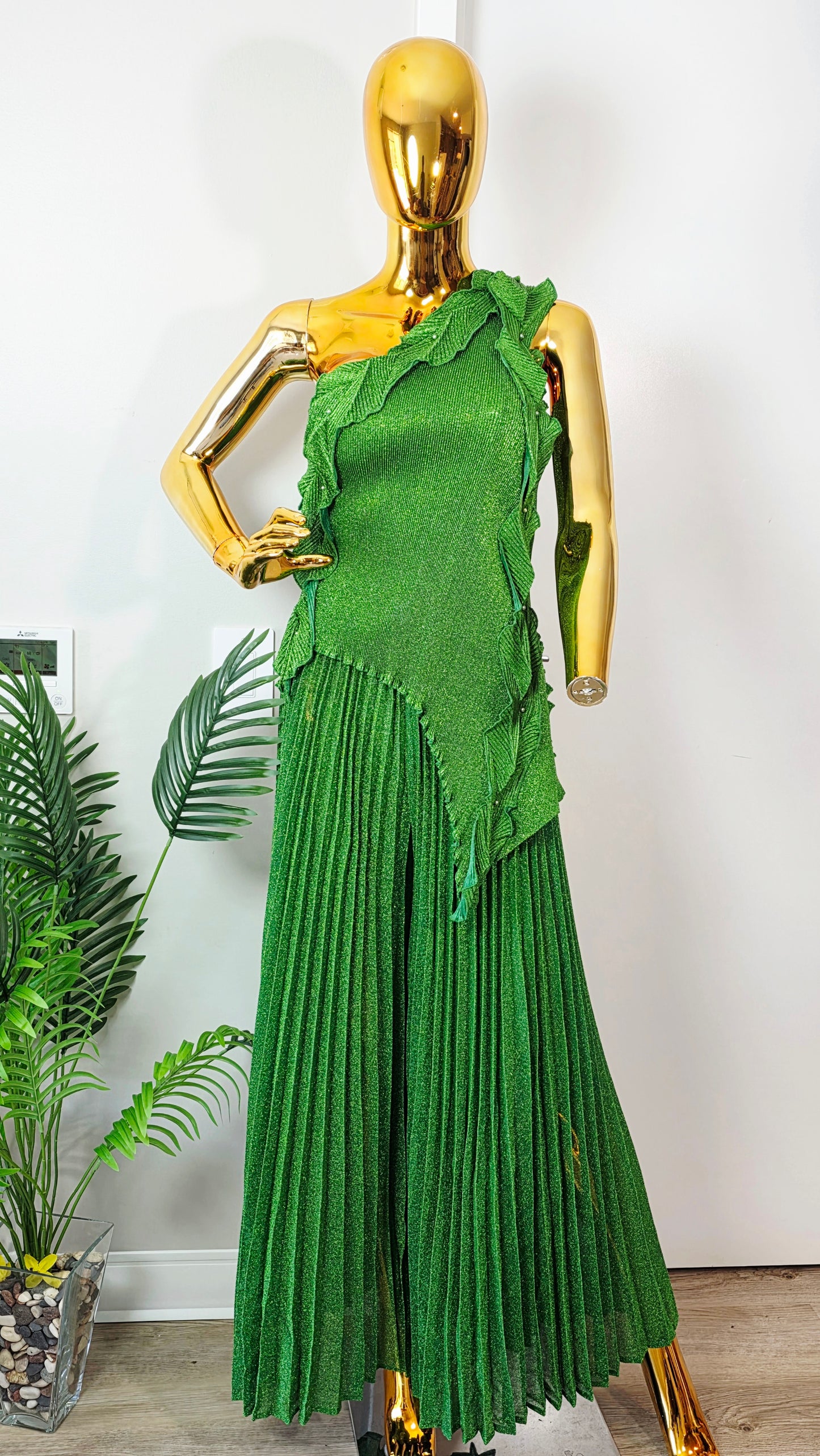 Olive Green Pleated Ruffle One-Shoulder 2-Piece Set