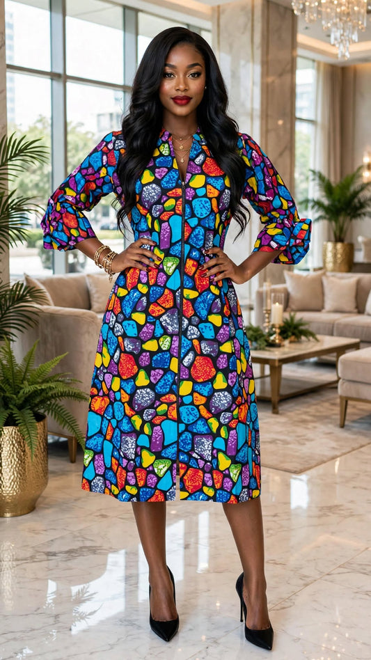 Stained Glass Mosaic Print Midi Dress