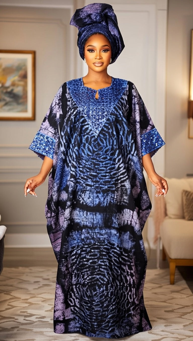 Elegant Cotton Adire Dress with Sequins - Green Floral Kaftan Gown