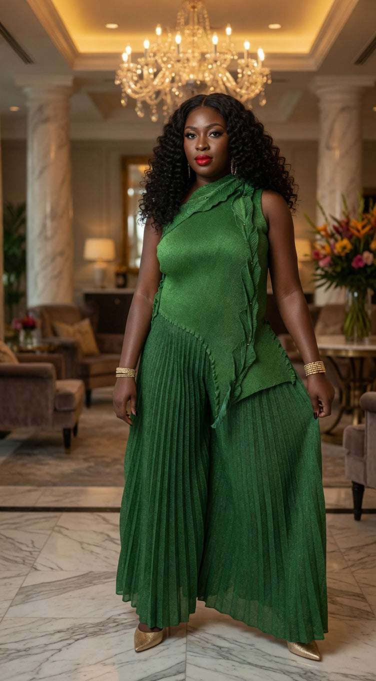 Pleated Ruffle One-Shoulder Set